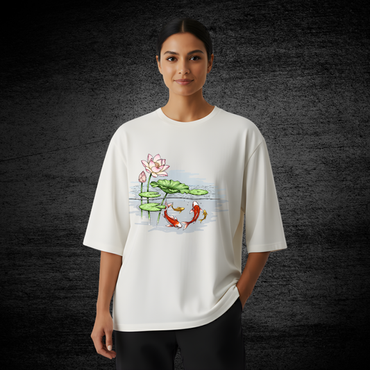 Hand-Painted Koi Fish Lotus Pond Oversized T-Shirt