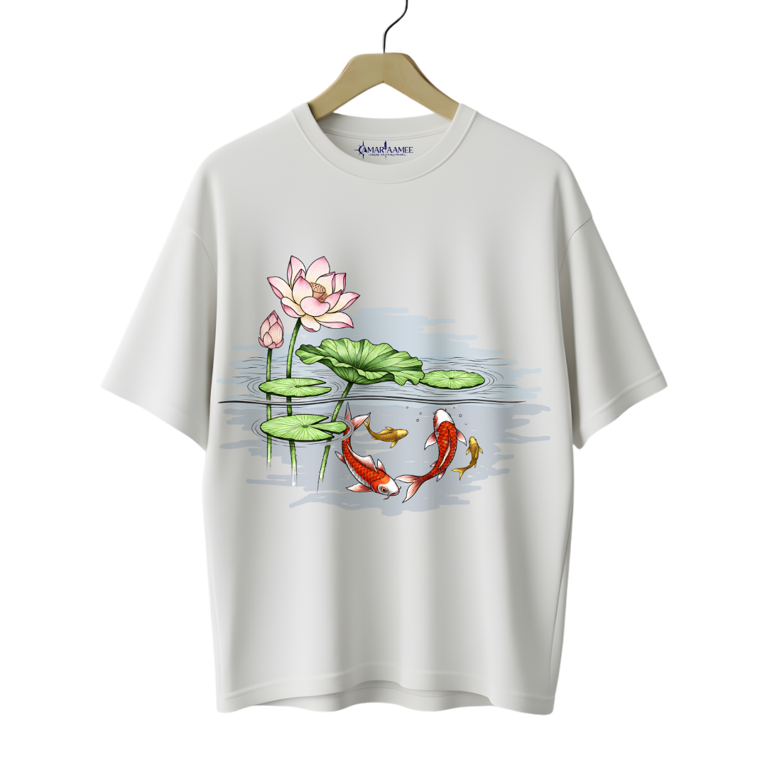 Hand-Painted Koi Fish Lotus Pond Oversized T-Shirt