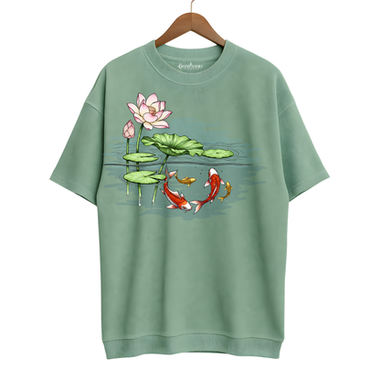 Hand-Painted Koi Fish Lotus Pond Oversized T-Shirt