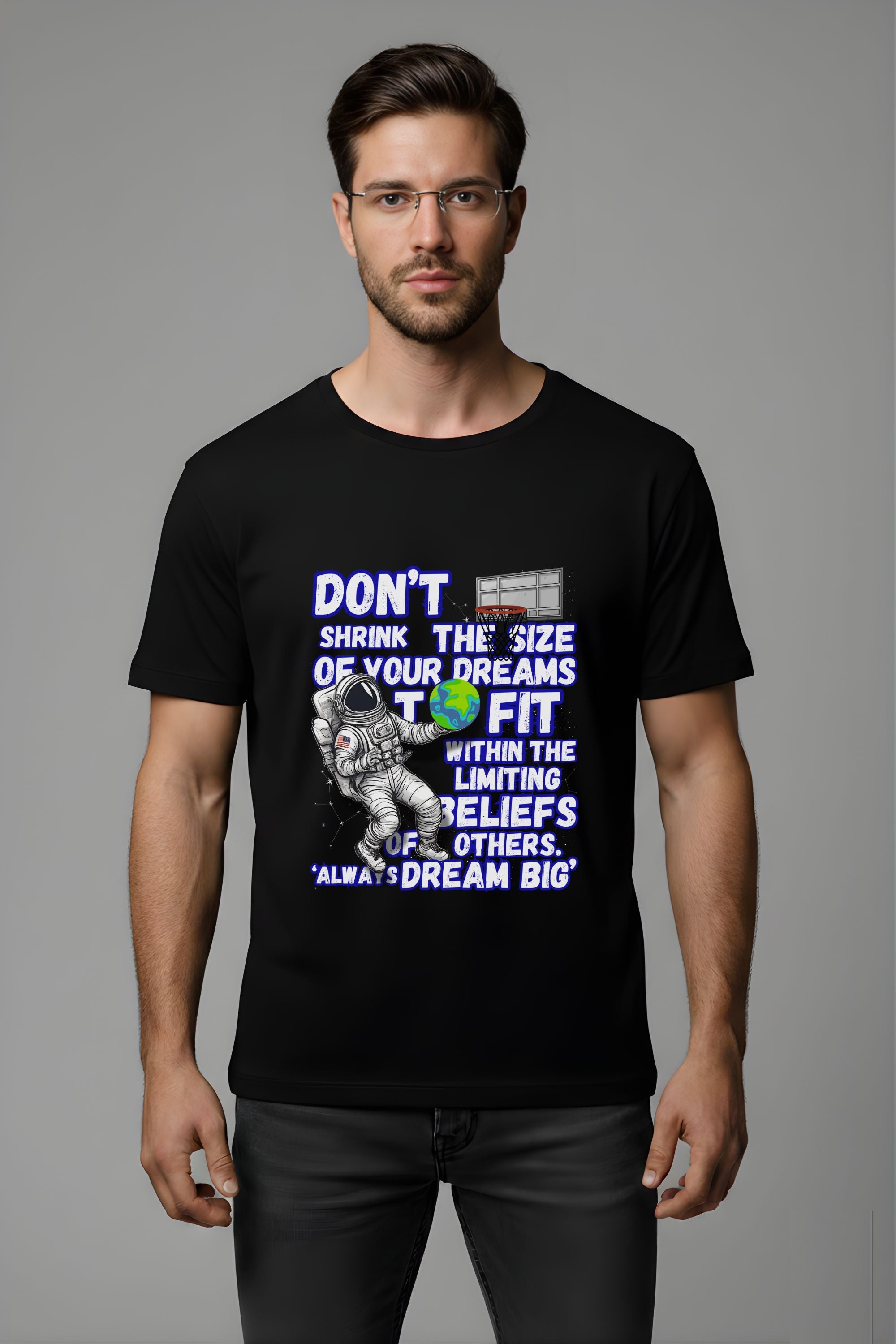 Black Cotton Printed T-Shirt for Men, Astronaut Dream Big Graphic, Short Sleeve, Regular Fit, Crew Neck
