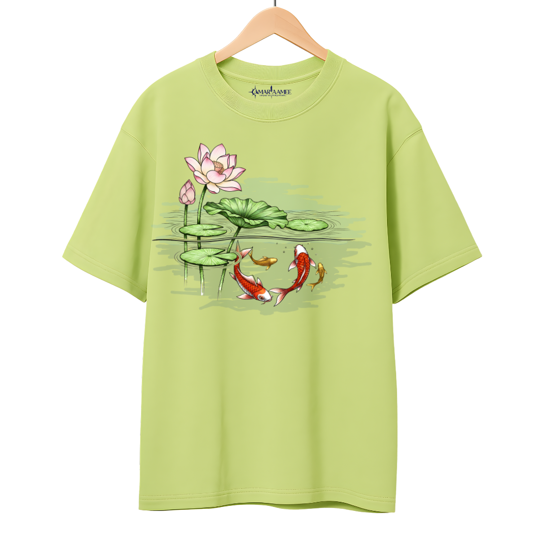 Hand-Painted Koi Fish Lotus Pond Oversized T-Shirt