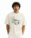 Nature Fish Lotus Print Oversized T-Shirt, Off White, Cotton, Unisex, Short Sleeve, Crew Neck, Casual Graphic Tee