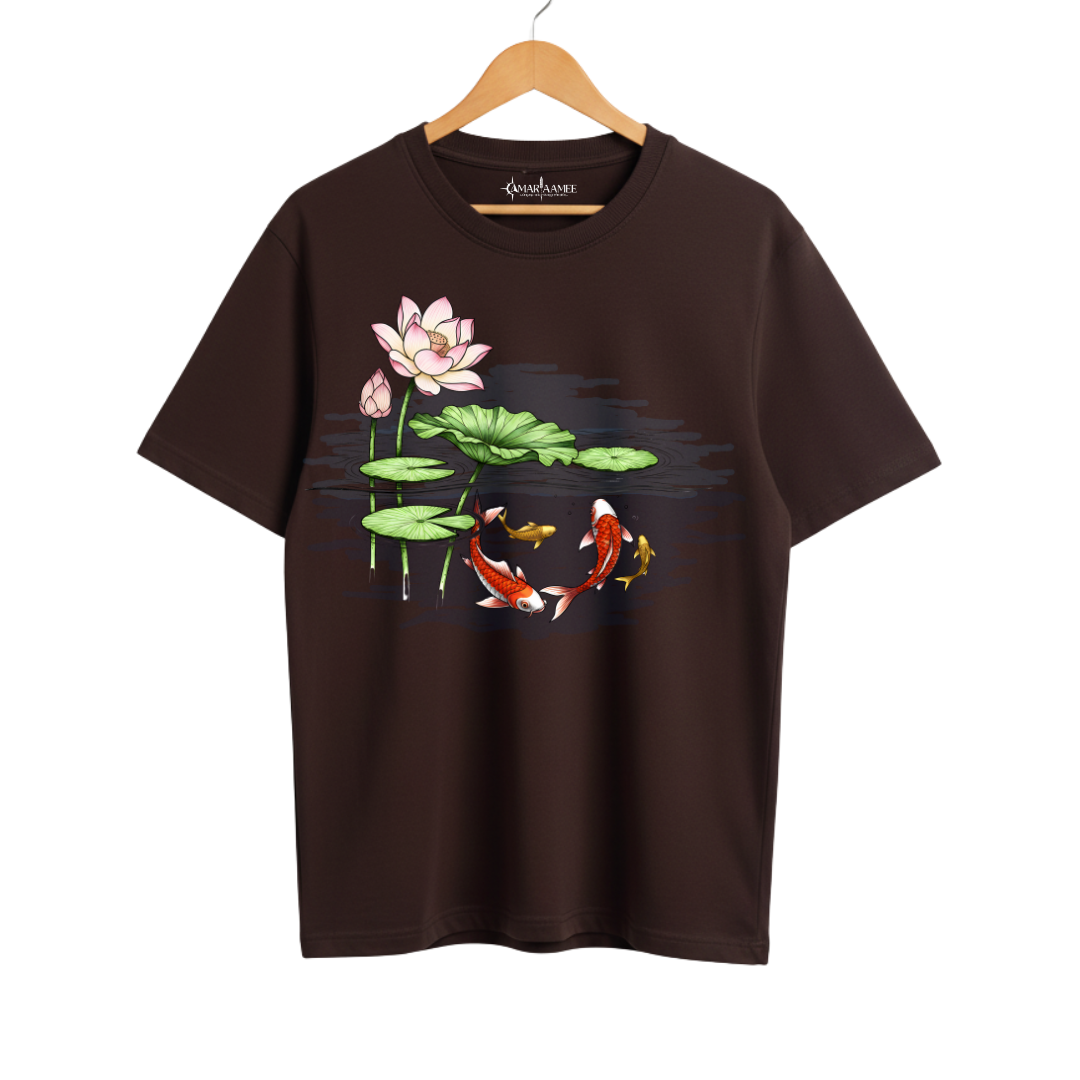 Hand-Painted Koi Fish Lotus Pond Oversized T-Shirt