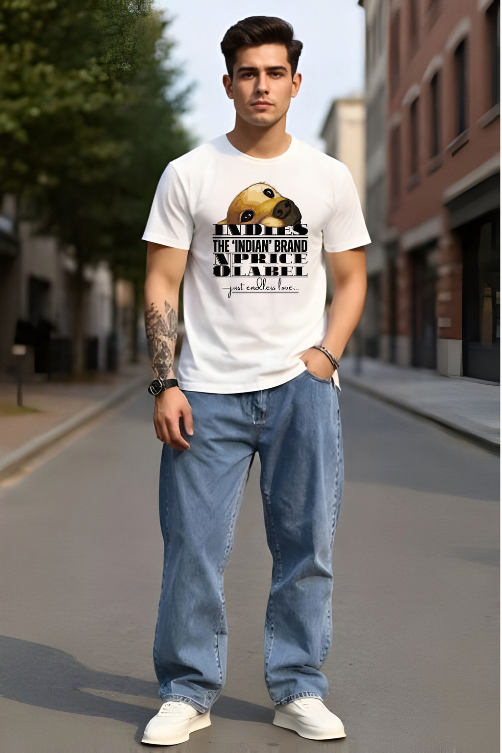 Men's White Cotton Graphic Printed T-Shirt, Regular Fit, Crew Neck, Short Sleeve, Indies Dog Lover