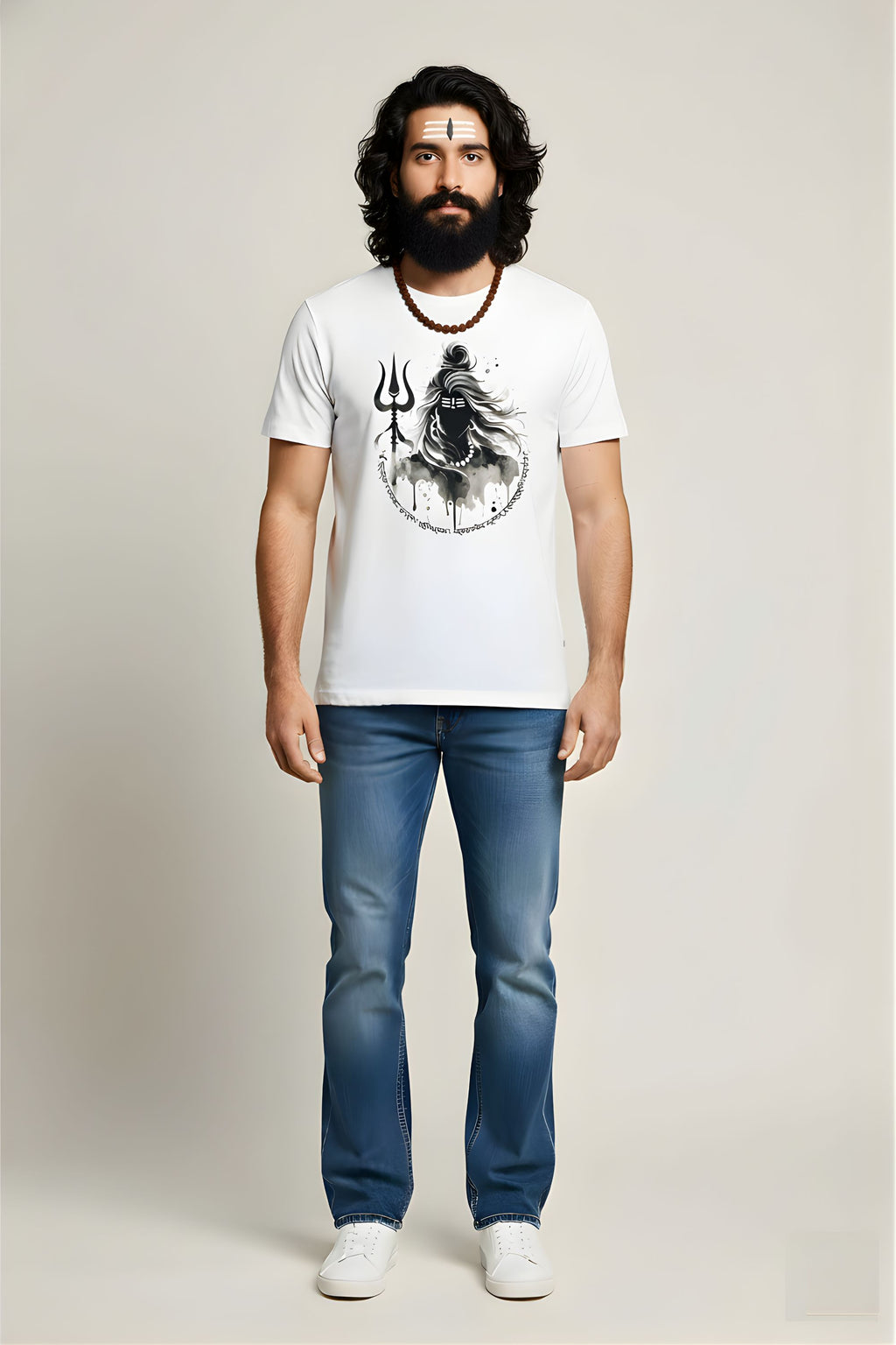 Shiva Graphic Printed White Cotton T-Shirt for Men, Regular Fit, Crew Neck, Short Sleeve