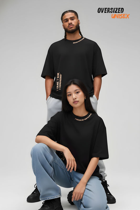 Unisex Aesthetic Typography Black Oversized T-Shirt | Drop Shoulder Baggy Fit Cotton Tee