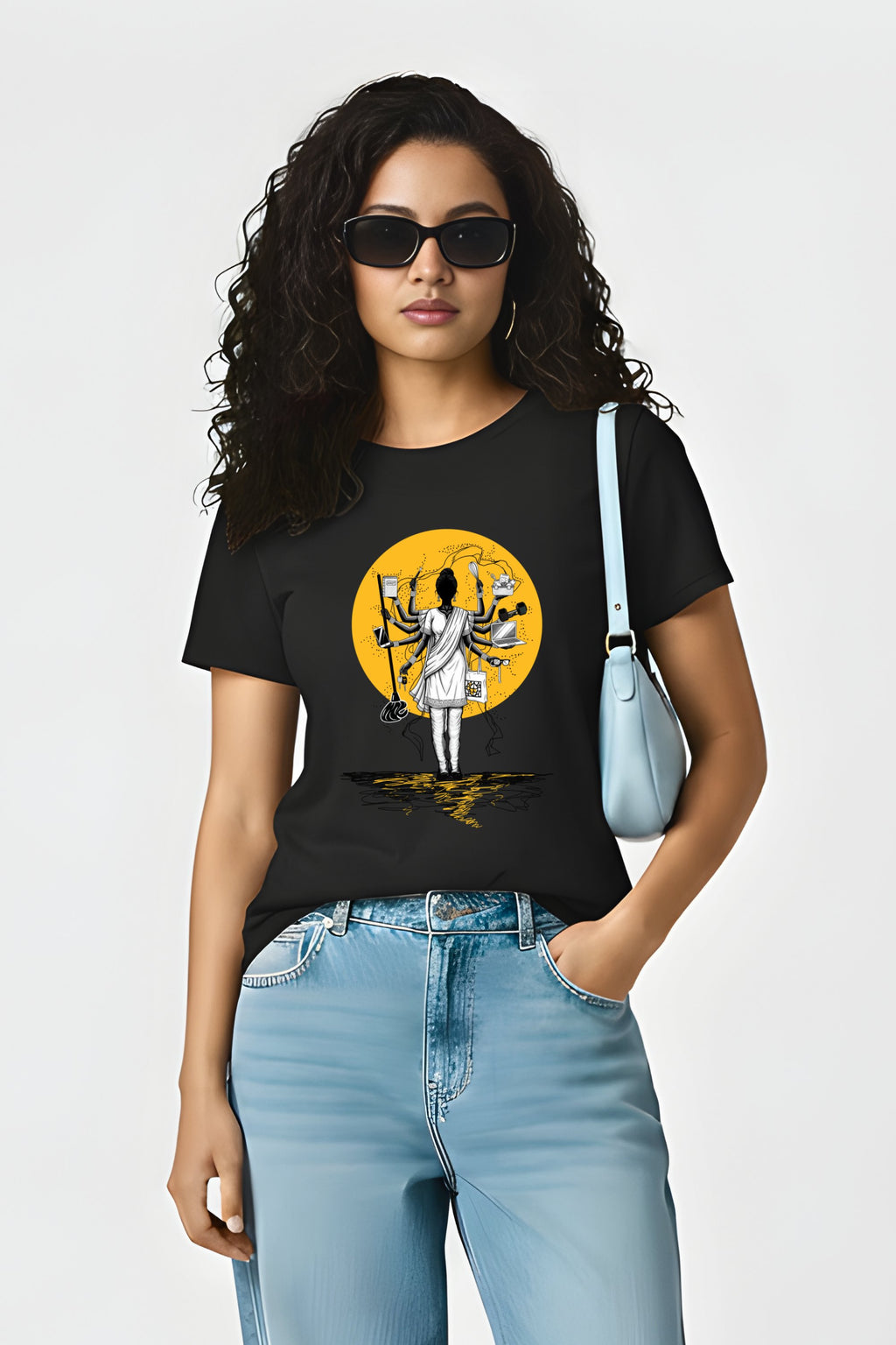 Modern Goddess Women's Black Cotton T-Shirt, Graphic Print, Casual, Crew Neck, Short Sleeve
