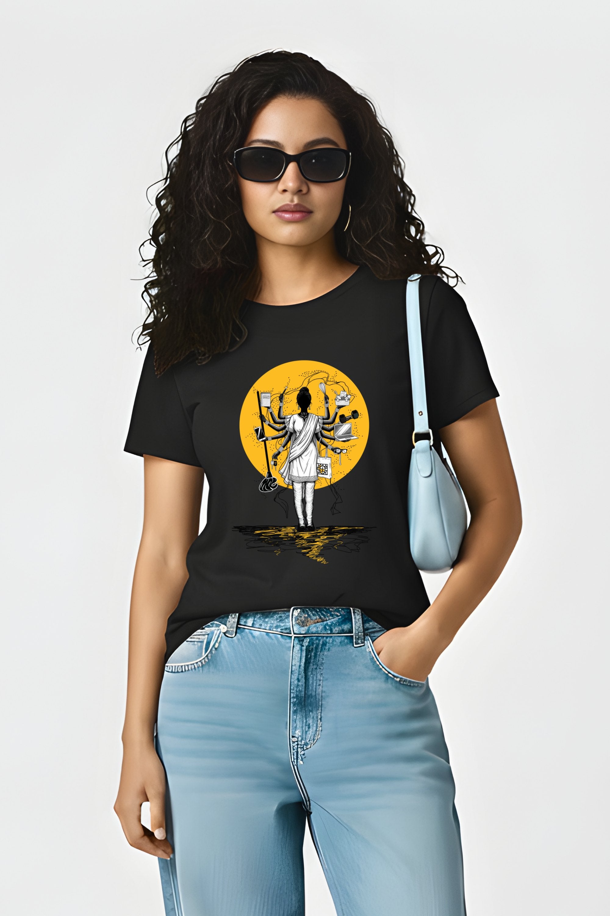 Modern Goddess Women's Black Cotton T-Shirt, Graphic Print, Casual, Crew Neck, Short Sleeve