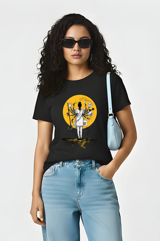 Modern Goddess Women's Black Cotton T-Shirt, Graphic Print, Casual, Crew Neck, Short Sleeve