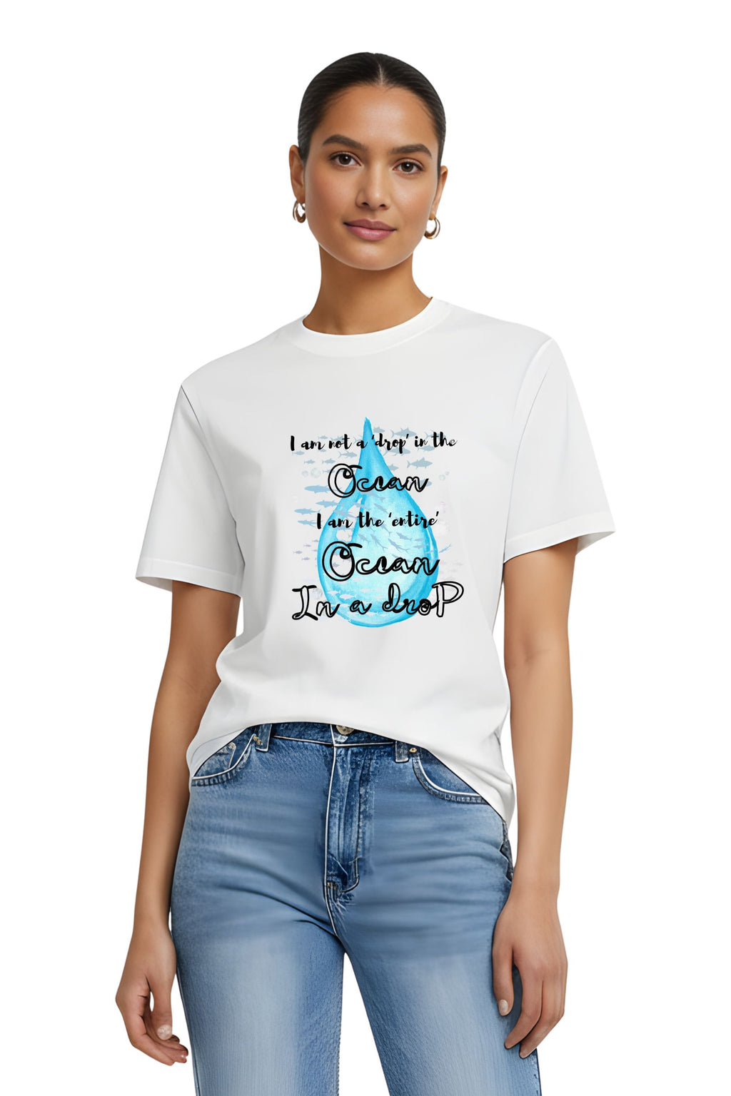 Women's Cotton Printed T-Shirt, White, Short Sleeve, Crew Neck, Ocean Theme Graphic, Regular Fit