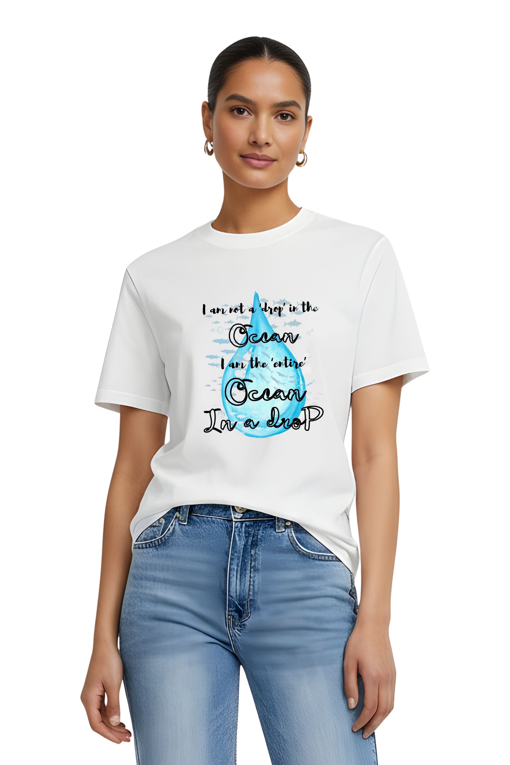 Women's Cotton Printed T-Shirt, White, Short Sleeve, Crew Neck, Ocean Theme Graphic, Regular Fit