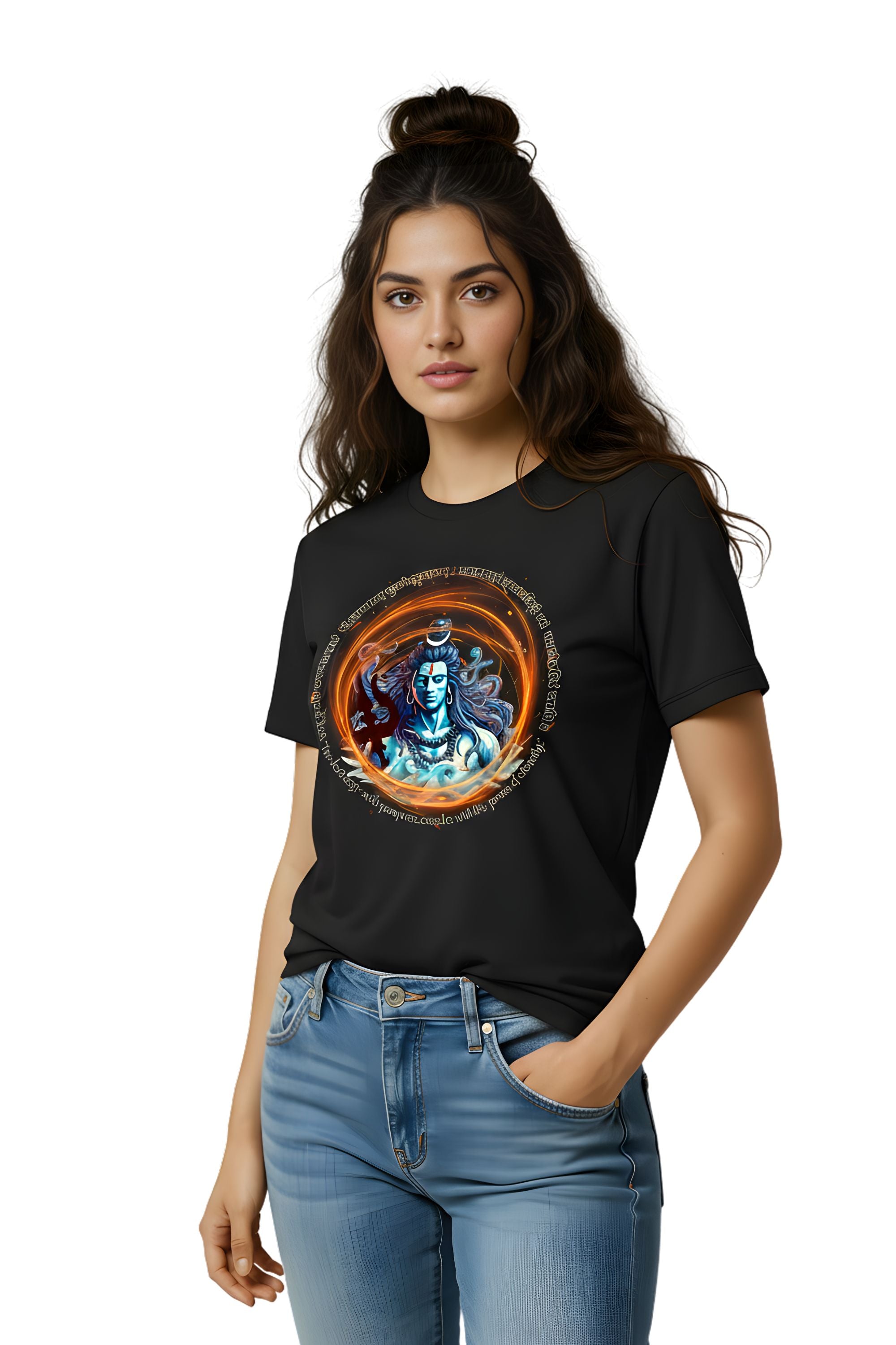 Black Printed T-Shirt for Women, Cotton, Short Sleeve, Crew Neck, Lord Shiva Graphic, Regular Fit, Casual Wear