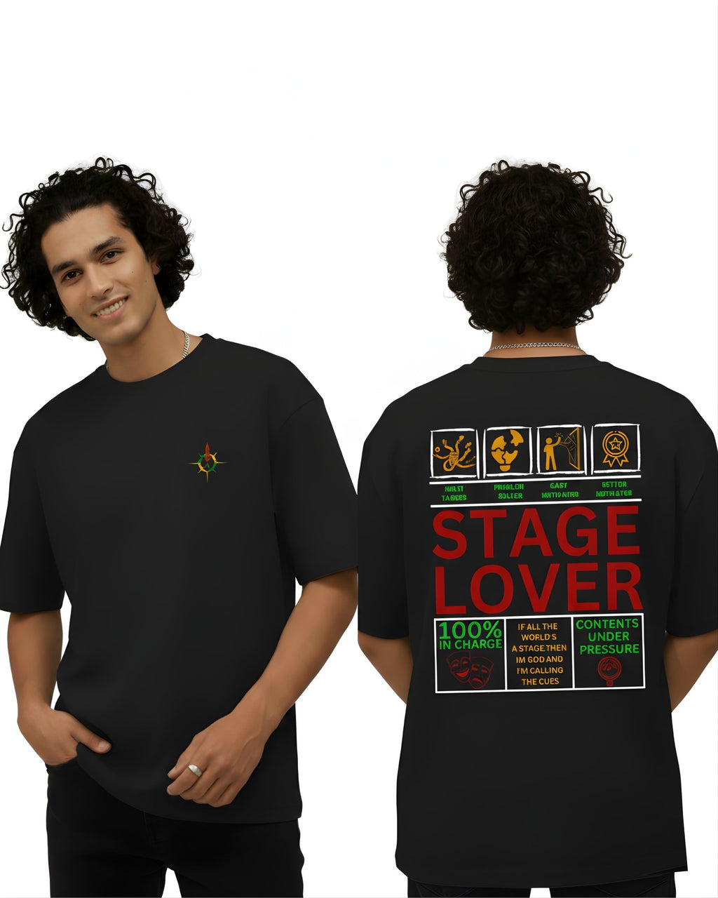 Stage Lover Graphic Print Pure Cotton Bio-Washed Boxy Oversized T-Shirt, Crew Neck, Casual Streetwear
