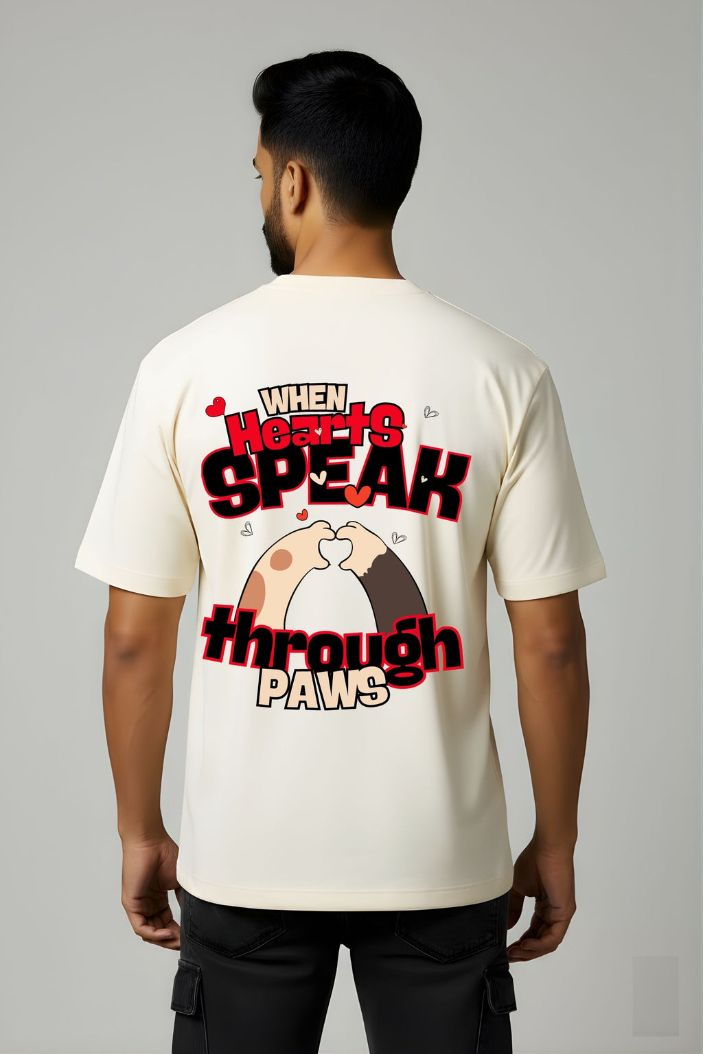 Hearts Speak Through Paws Oversized Graphic Tee - Off-White Premium Cotton, Unisex Fit