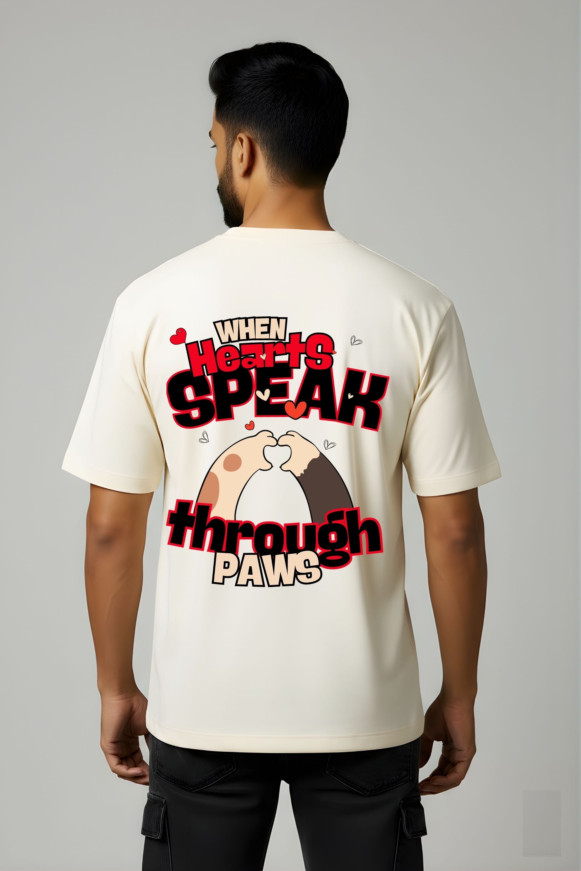 Hearts Speak Through Paws Oversized Graphic Tee - Off-White Premium Cotton, Unisex Fit