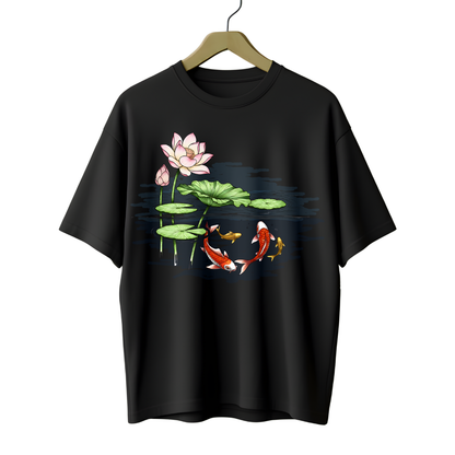 Hand-Painted Koi Fish Lotus Pond Oversized T-Shirt
