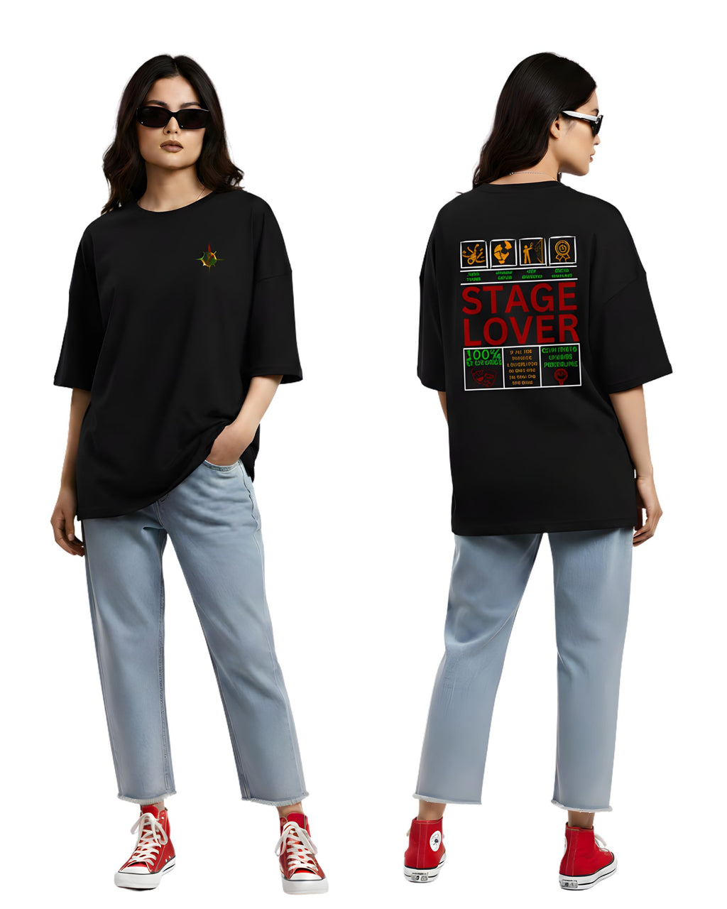 Stage Lover Graphic Oversized T-Shirt, Black, Bio-Washed Breathable Pure Cotton, Half Sleeve, Crew Neck, Casual Streetwear