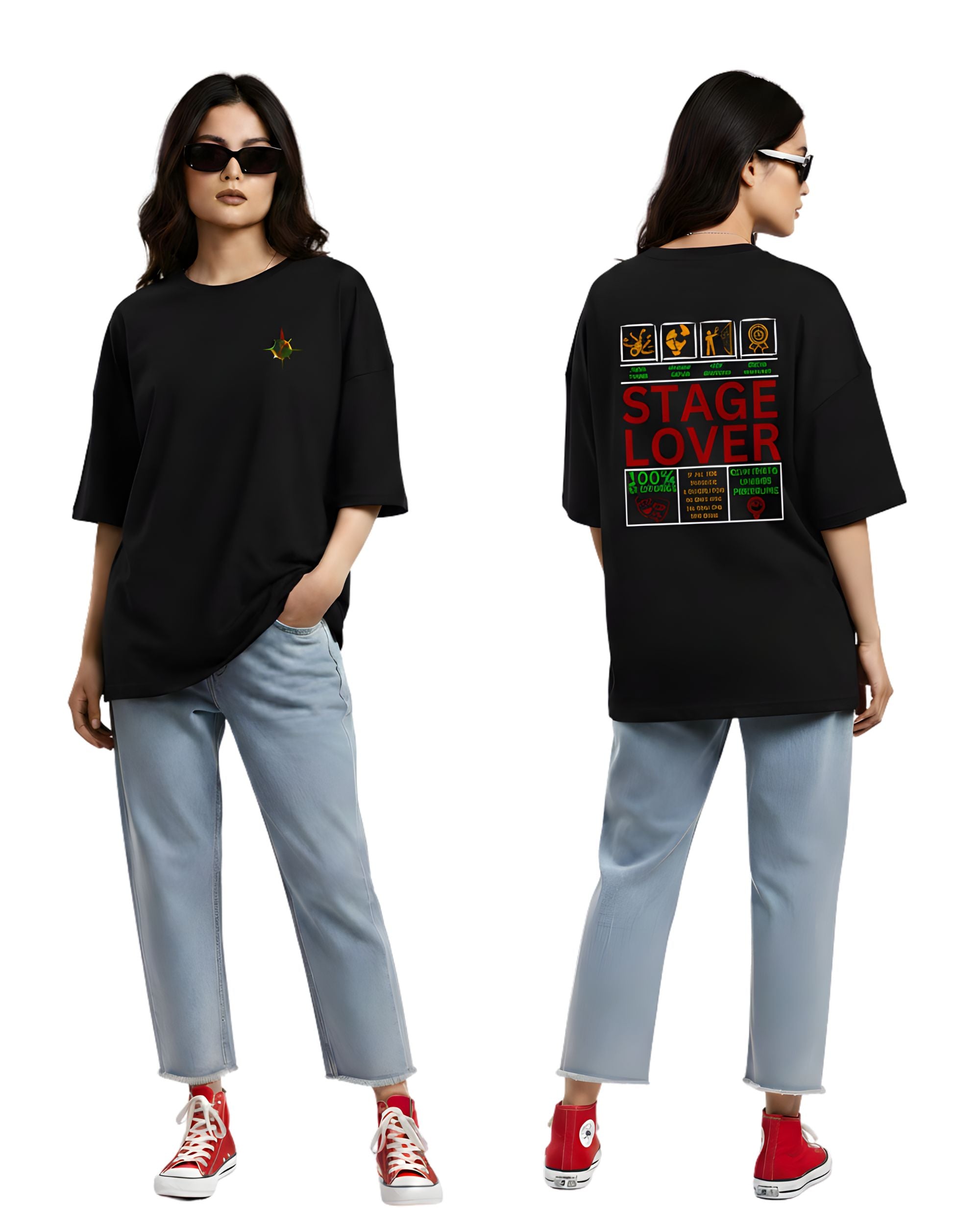 Stage Lover Graphic Oversized T-Shirt, Black, Bio-Washed Breathable Pure Cotton, Half Sleeve, Crew Neck, Casual Streetwear