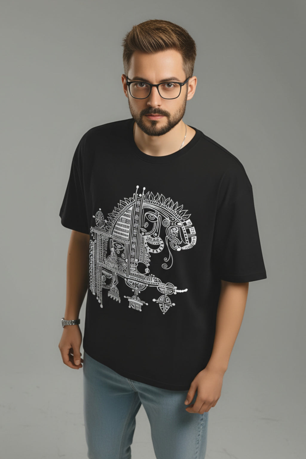 Odisha Handprint Men's Oversized T-Shirt, Black, Premium Cotton, Pattachitra Tribal Art Print