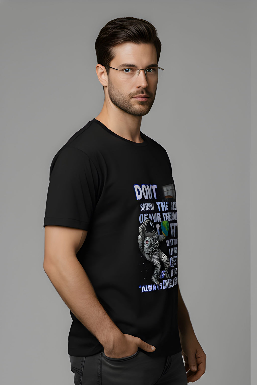 Black Cotton Printed T-Shirt for Men, Astronaut Dream Big Graphic, Short Sleeve, Regular Fit, Crew Neck