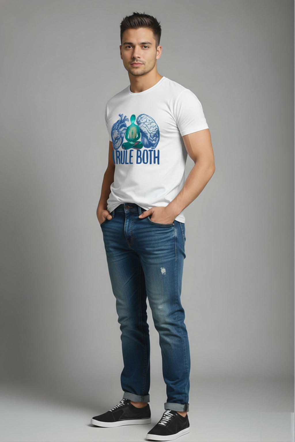 Cotton Printed T-Shirt for Men's, White, Mindfulness and Meditation Theme, Short Sleeve, Crew Neck, Regular Fit