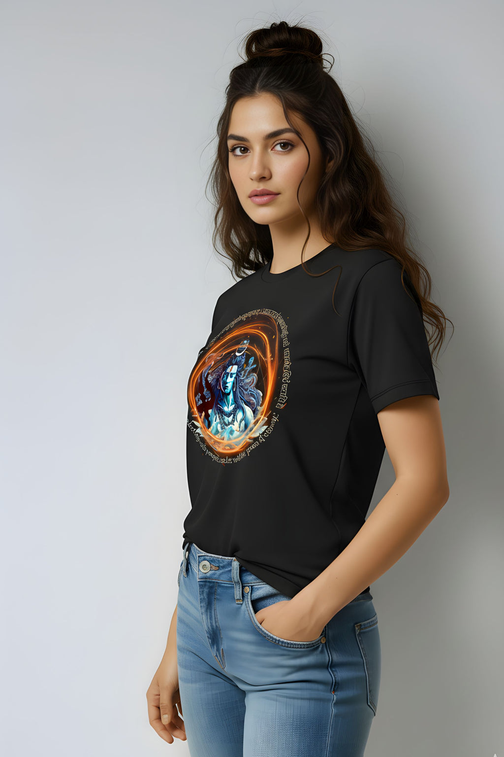 Black Printed T-Shirt for Women, Cotton, Short Sleeve, Crew Neck, Lord Shiva Graphic, Regular Fit, Casual Wear