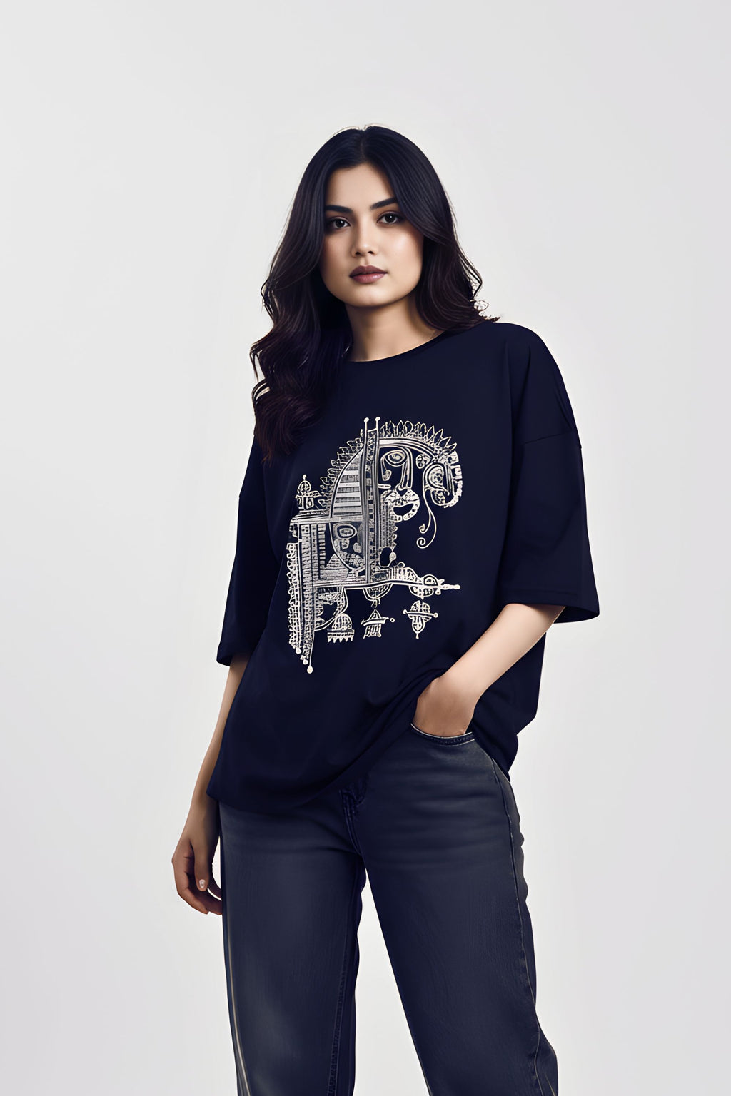 Unisex Oversized Black Cotton T-Shirt, Odisha Handprint Graphic Print, Art & Culture Theme, Casual Fit
