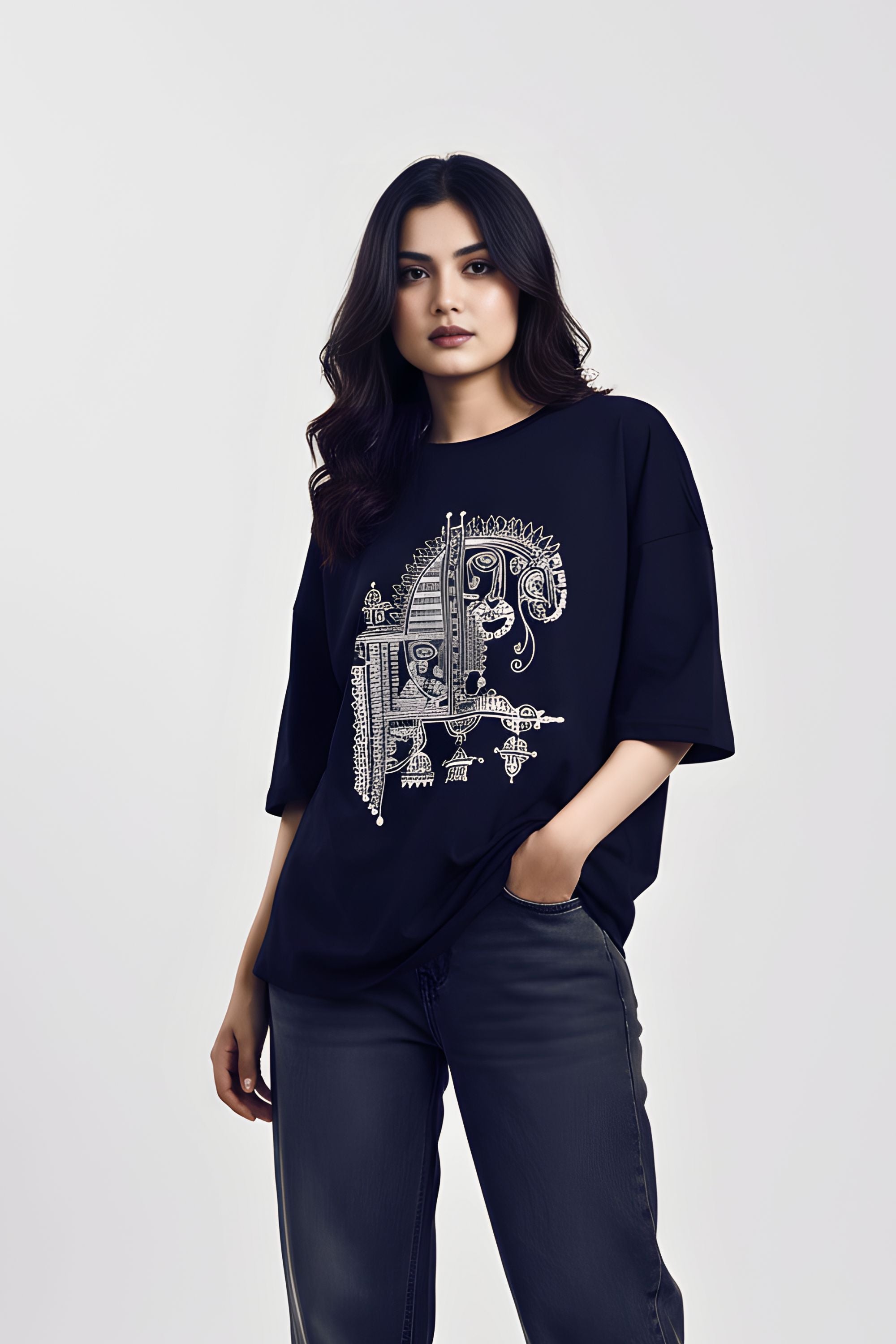 Unisex Oversized Black Cotton T-Shirt, Odisha Handprint Graphic Print, Art & Culture Theme, Casual Fit
