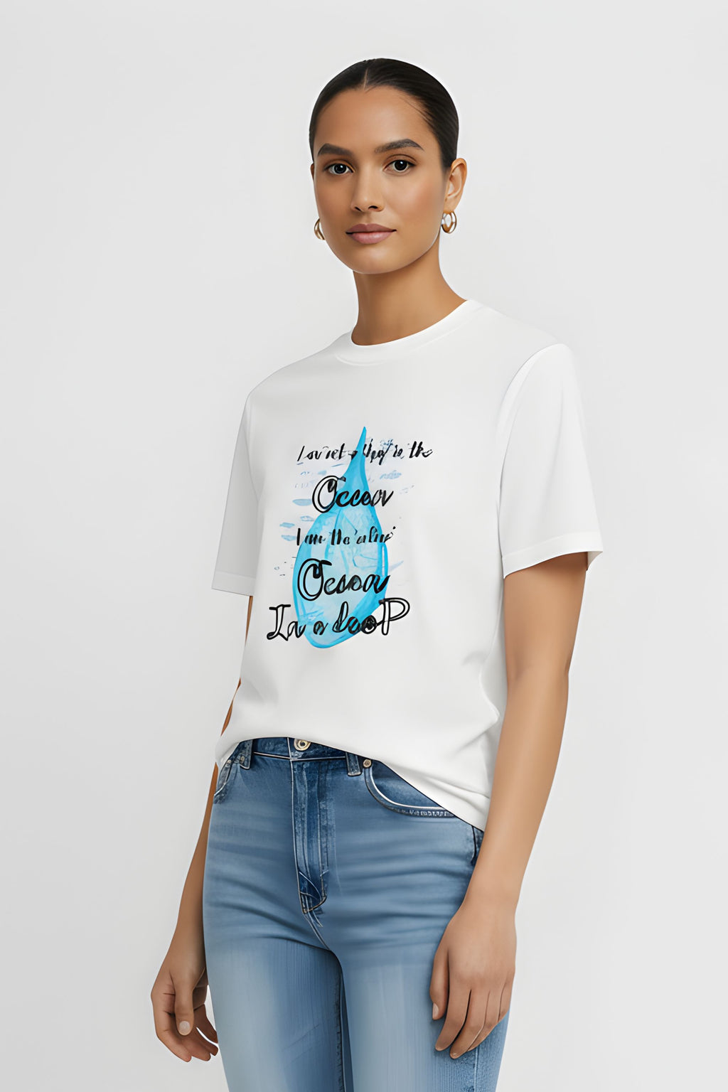 Women's Cotton Printed T-Shirt, White, Short Sleeve, Crew Neck, Ocean Theme Graphic, Regular Fit