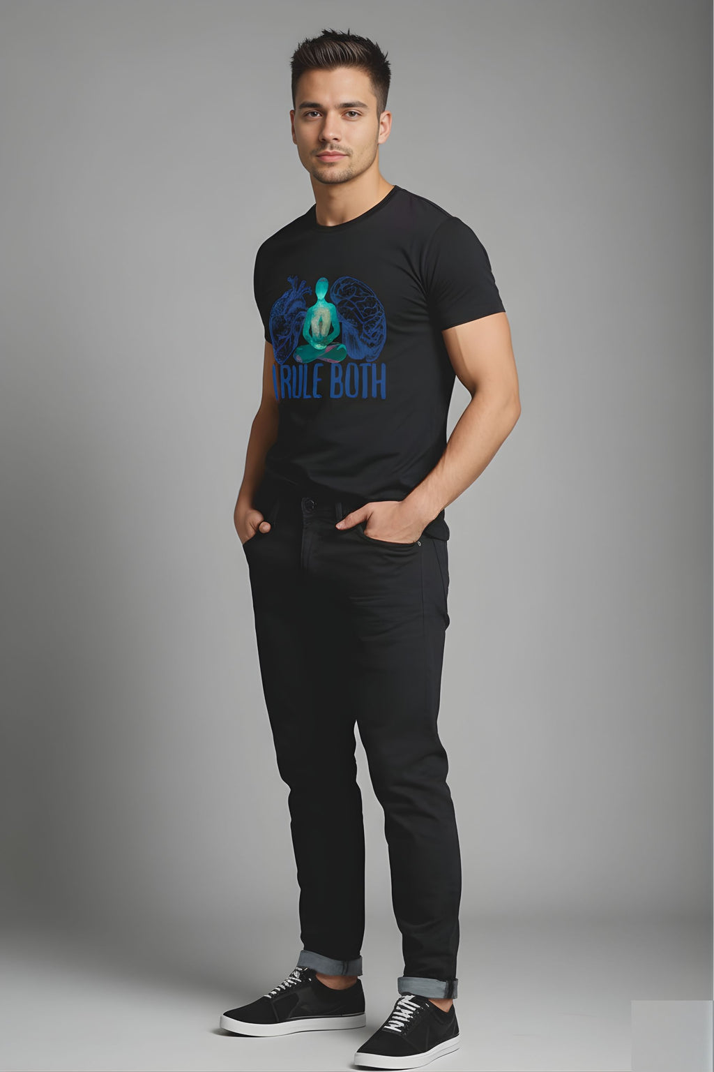 Black Cotton Printed T-Shirt for Man, Meditation Wellness Theme, Short Sleeve, Crew Neck, Regular Fit