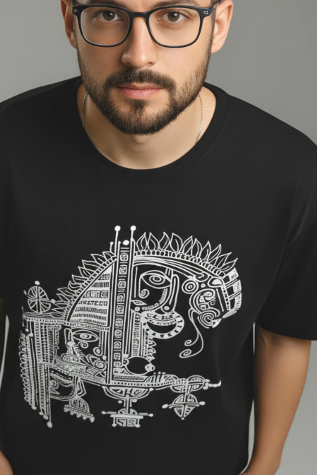 Odisha Handprint Men's Oversized T-Shirt, Black, Premium Cotton, Pattachitra Tribal Art Print