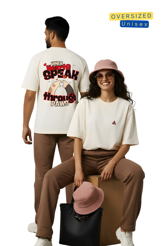 Hearts Speak Through Paws Oversized Graphic Tee - Off-White Premium Cotton, Unisex Fit