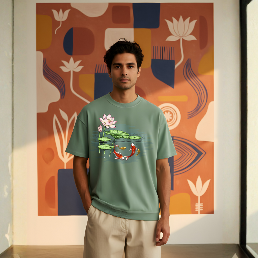 Hand-Painted Koi Fish Lotus Pond Oversized T-Shirt