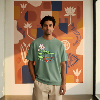 Hand-Painted Koi Fish Lotus Pond Oversized T-Shirt