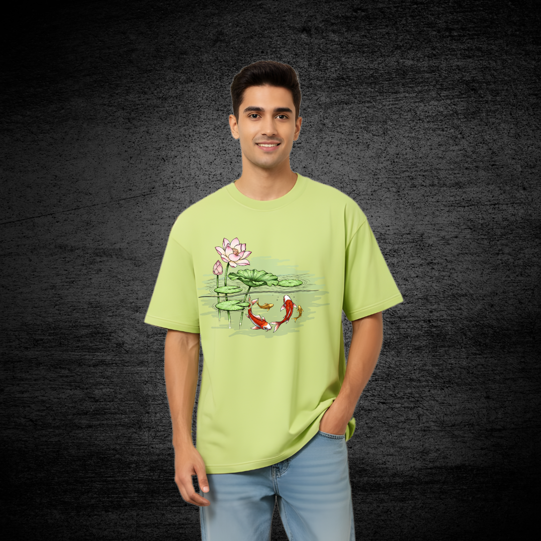 Hand-Painted Koi Fish Lotus Pond Oversized T-Shirt
