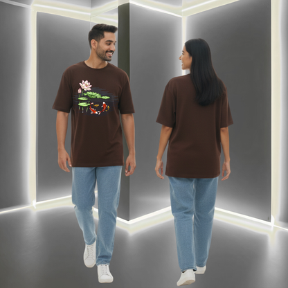 Hand-Painted Koi Fish Lotus Pond Oversized T-Shirt