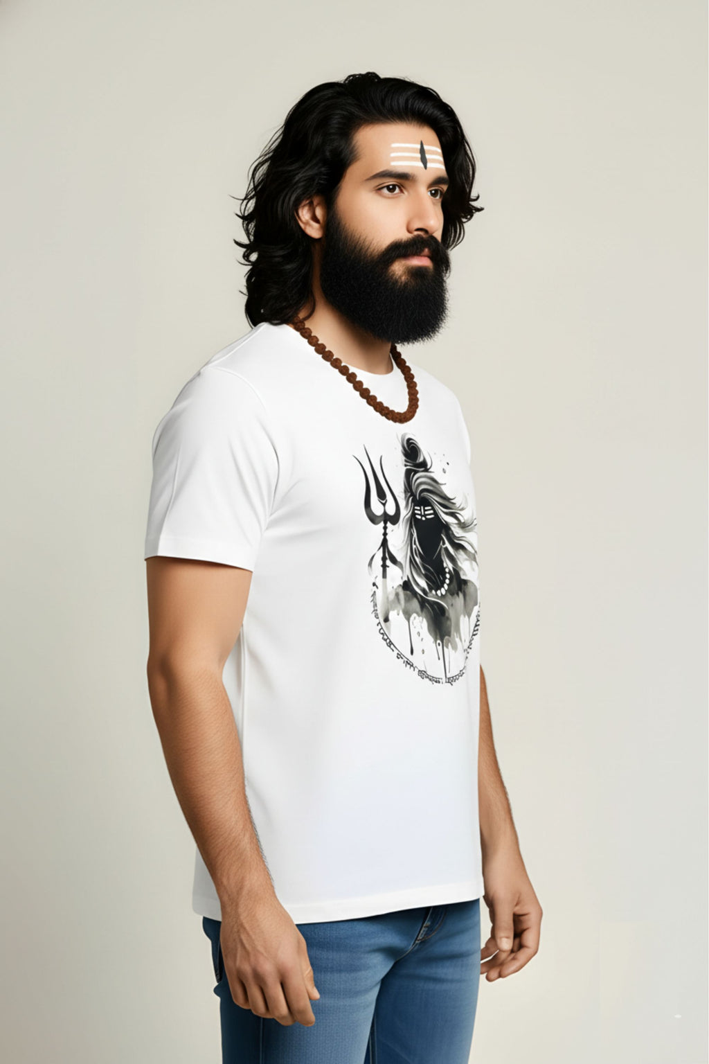 Shiva Graphic Printed White Cotton T-Shirt for Men, Regular Fit, Crew Neck, Short Sleeve