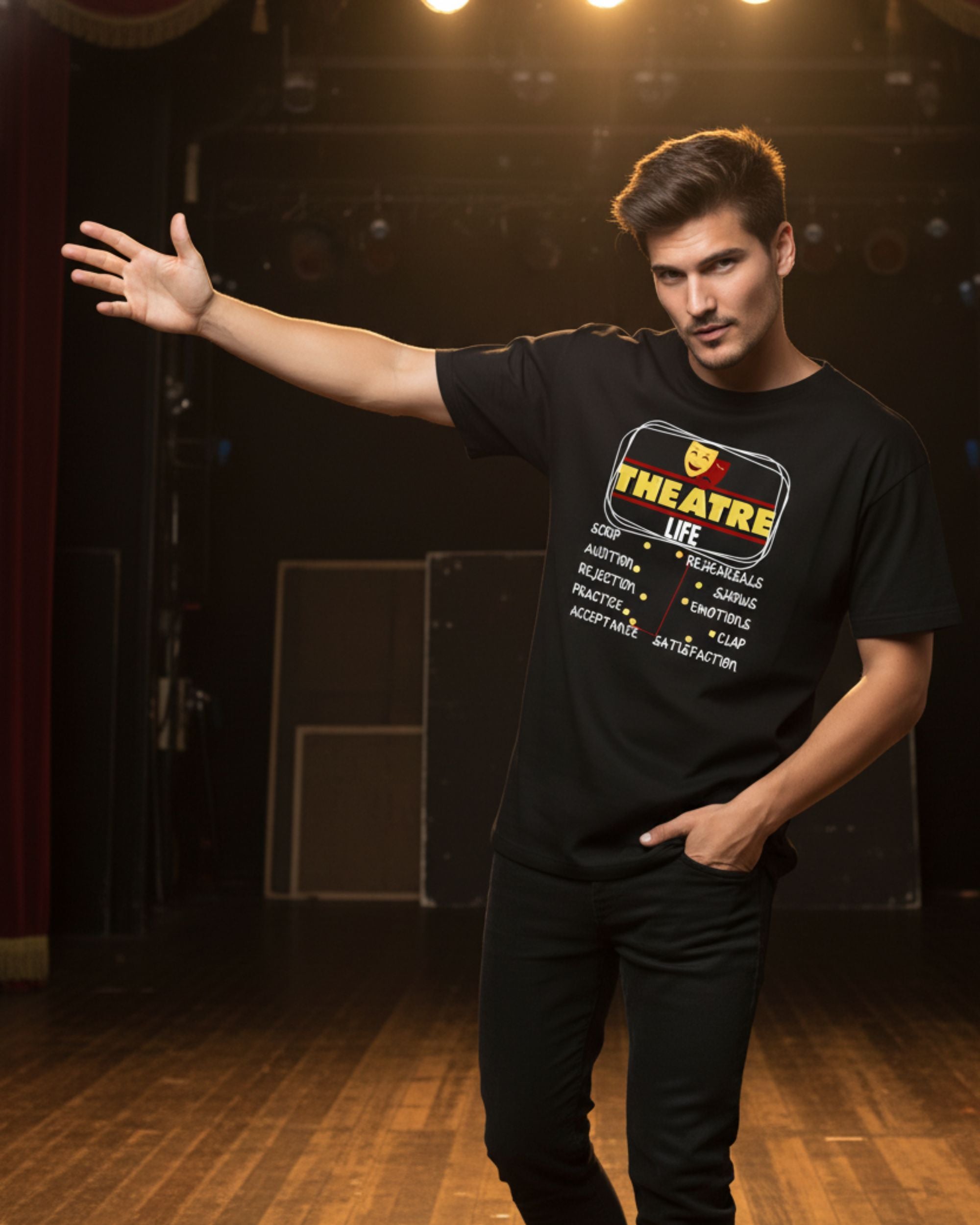 Theatre Life Graphic Print Unisex T-Shirt, Pure Cotton Breathable Fabric, Crew Neck, Regular Fit, Black