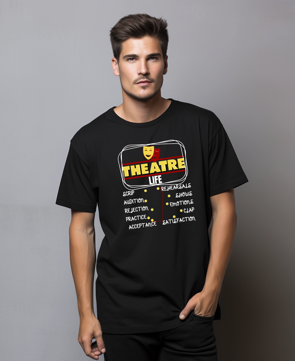 Theatre Life Graphic Print Unisex T-Shirt, Pure Cotton Breathable Fabric, Crew Neck, Regular Fit, Black