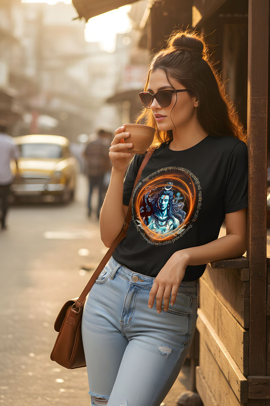 Black Printed T-Shirt for Women, Cotton, Short Sleeve, Crew Neck, Lord Shiva Graphic, Regular Fit, Casual Wear