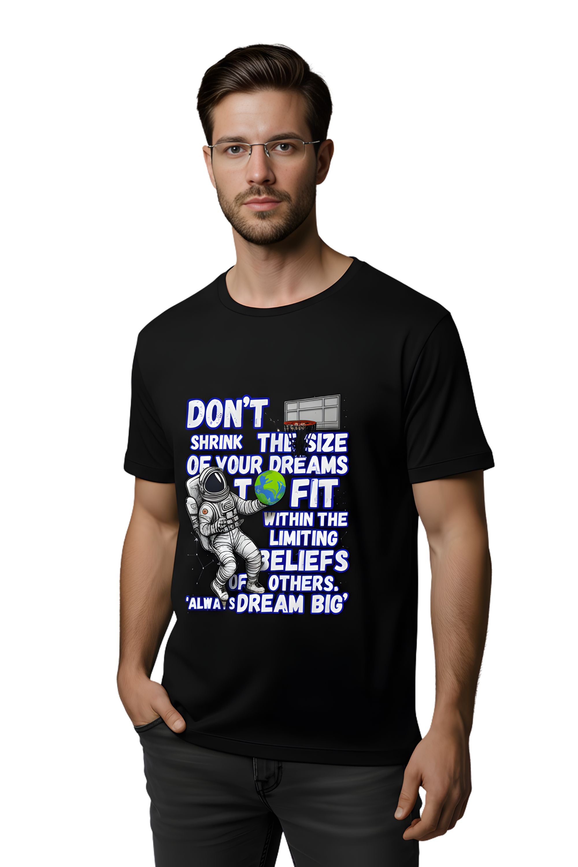 Black Cotton Printed T-Shirt for Men, Astronaut Dream Big Graphic, Short Sleeve, Regular Fit, Crew Neck