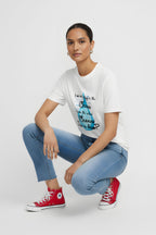 Women's Cotton Printed T-Shirt, White, Short Sleeve, Crew Neck, Ocean Theme Graphic, Regular Fit