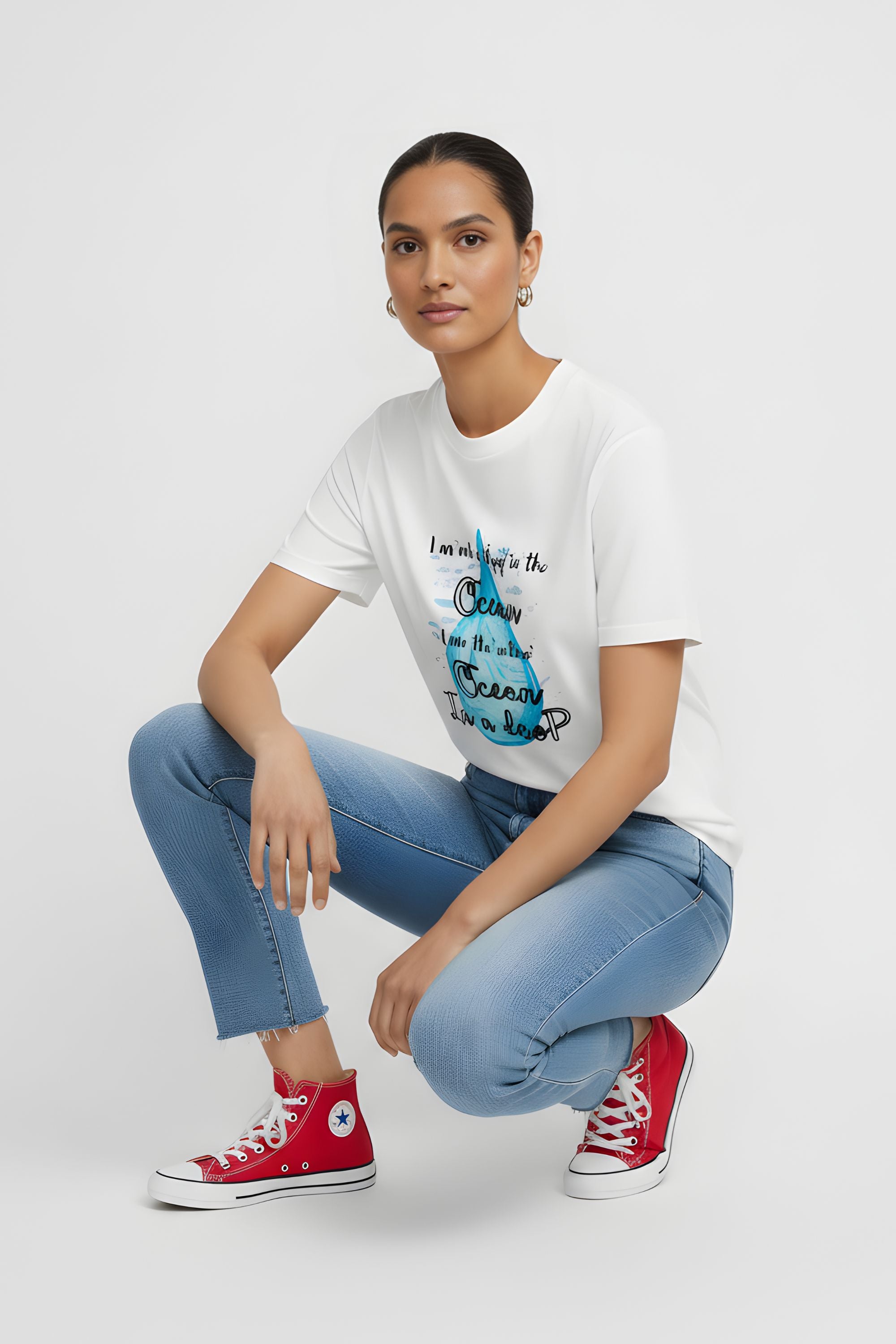 Women's Cotton Printed T-Shirt, White, Short Sleeve, Crew Neck, Ocean Theme Graphic, Regular Fit