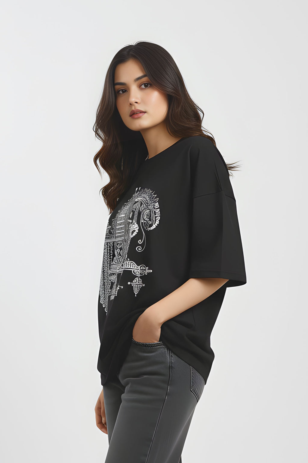 Unisex Oversized Black Cotton T-Shirt, Odisha Handprint Graphic Print, Art & Culture Theme, Casual Fit