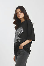 Unisex Oversized Black Cotton T-Shirt, Odisha Handprint Graphic Print, Art & Culture Theme, Casual Fit