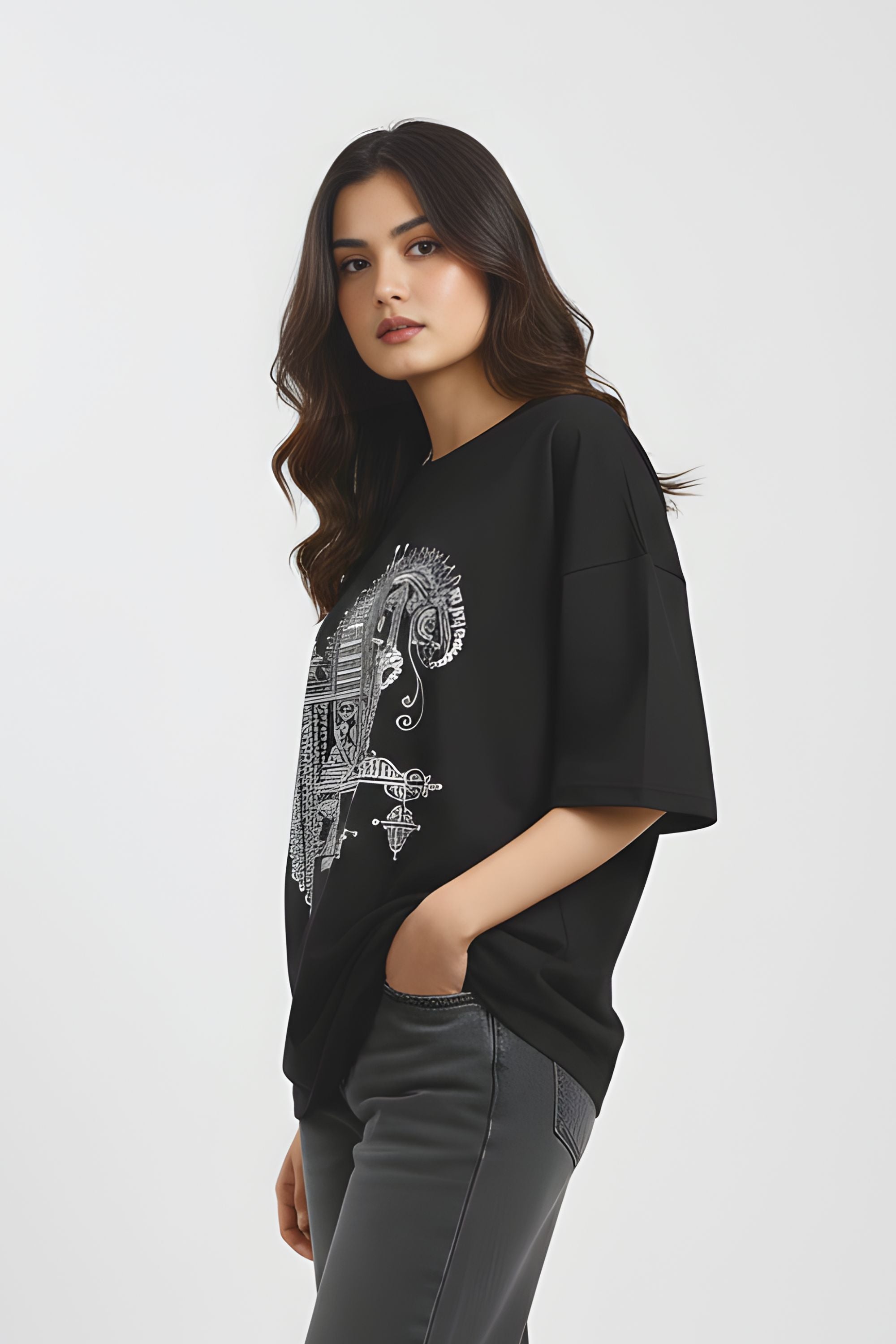 Unisex Oversized Black Cotton T-Shirt, Odisha Handprint Graphic Print, Art & Culture Theme, Casual Fit