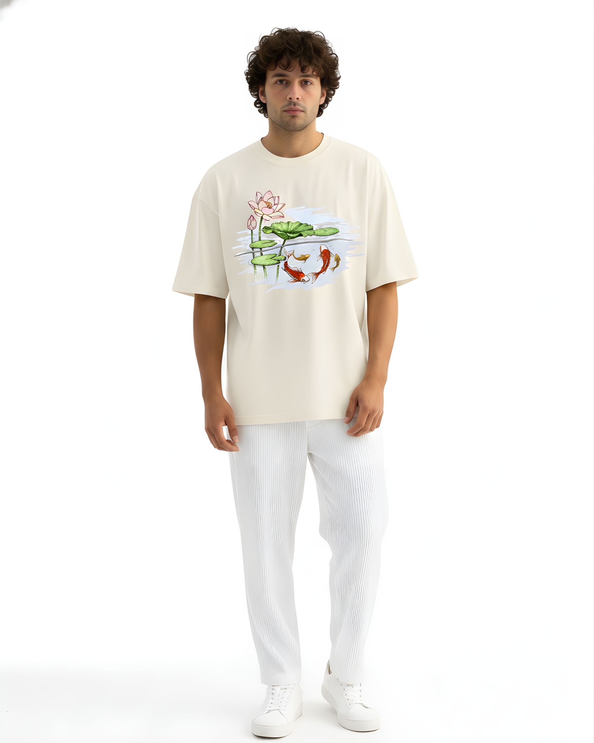 Nature Fish Lotus Print Oversized T-Shirt, Off White, Cotton, Unisex, Short Sleeve, Crew Neck, Casual Graphic Tee