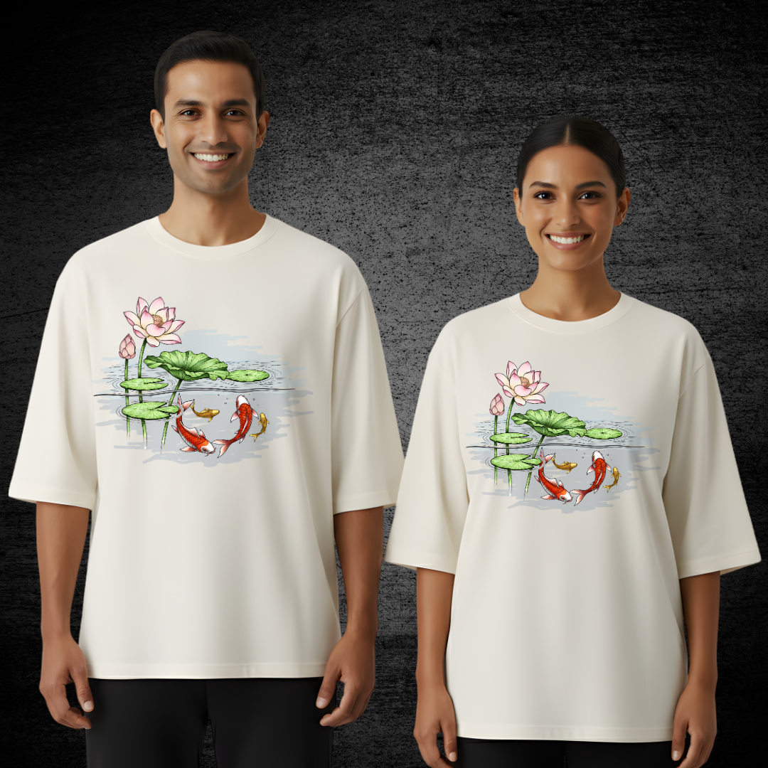 Hand-Painted Koi Fish Lotus Pond Oversized T-Shirt