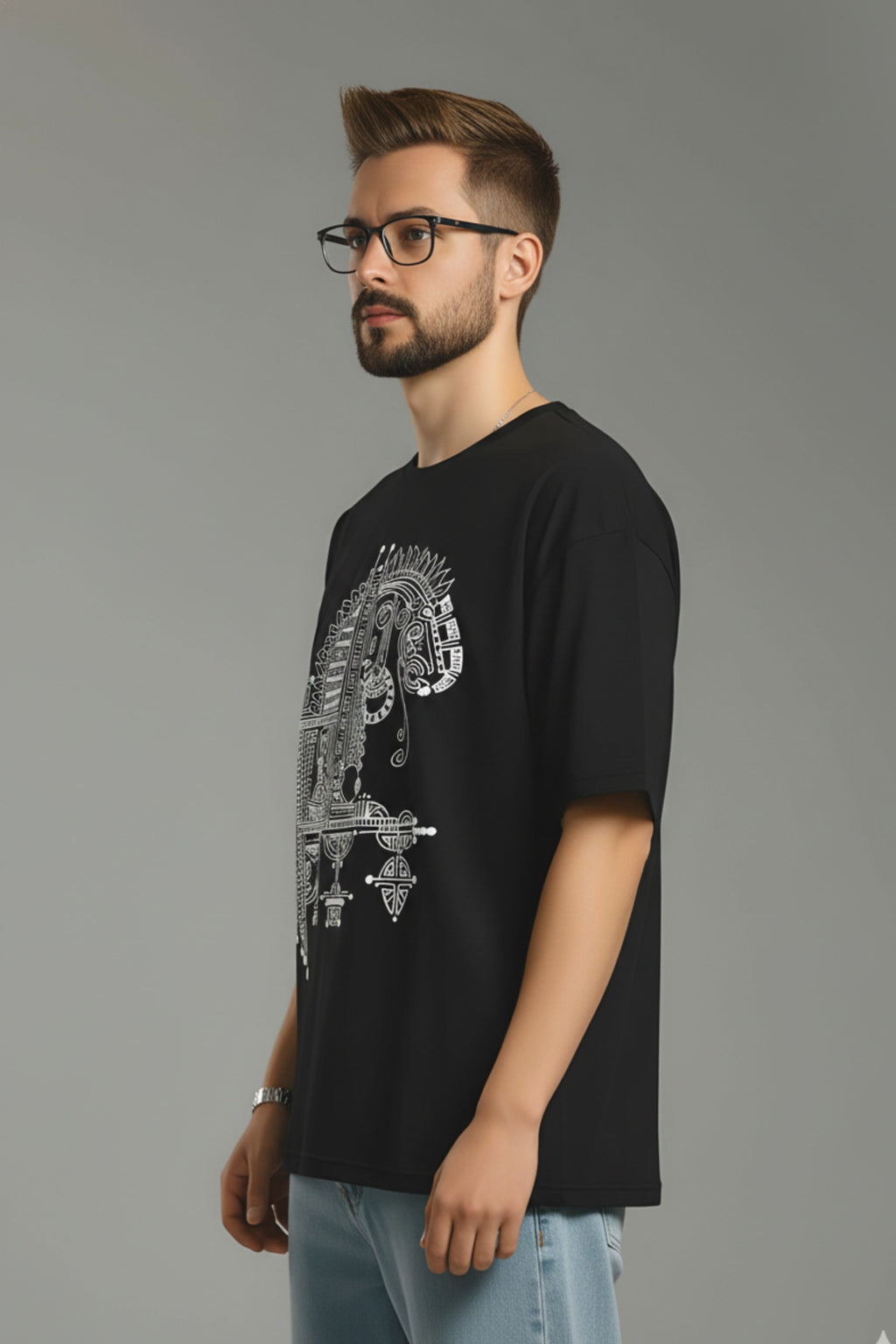 Odisha Handprint Men's Oversized T-Shirt, Black, Premium Cotton, Pattachitra Tribal Art Print
