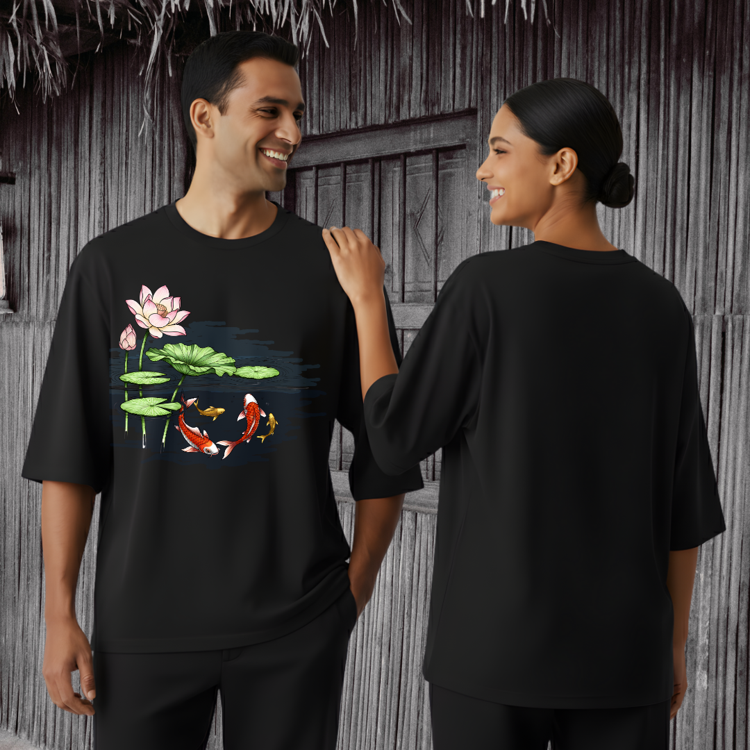 Hand-Painted Koi Fish Lotus Pond Oversized T-Shirt